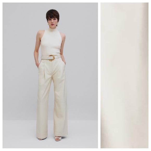 NWT, Massimo Dutti Studio Cream Leather High-Rise Trousers. Size XS.